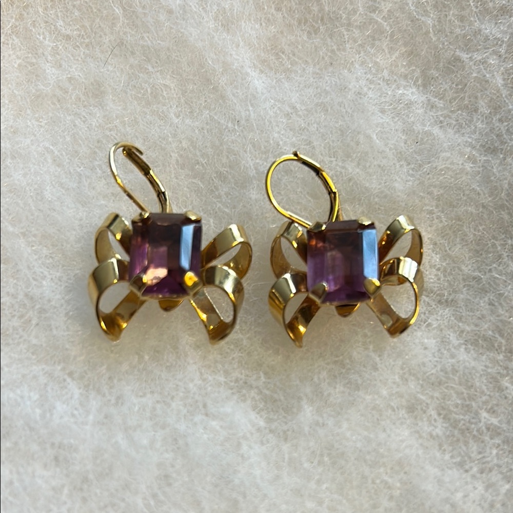 Gold and Purple Bow Design Earrings with Central Stone
